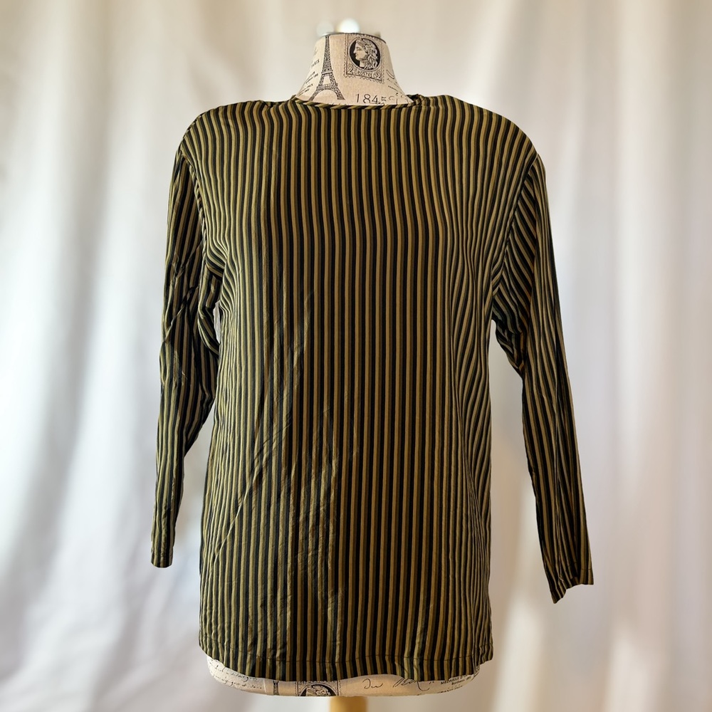 Ellen Tracy Vintage Silk Green & Black Striped Women’s Blouse